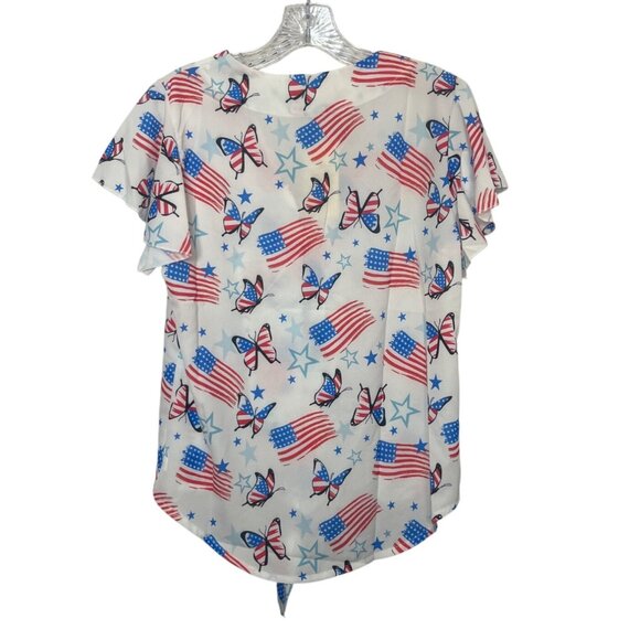Roshop Patriotic Shirt Blouse Womens Small White Red Blue New Butterfly Flags - Picture 2 of 10